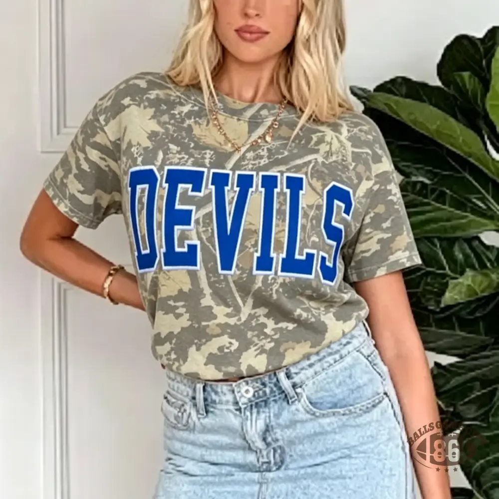 Custom School Spirit Devils Varsity Camo Crewneck