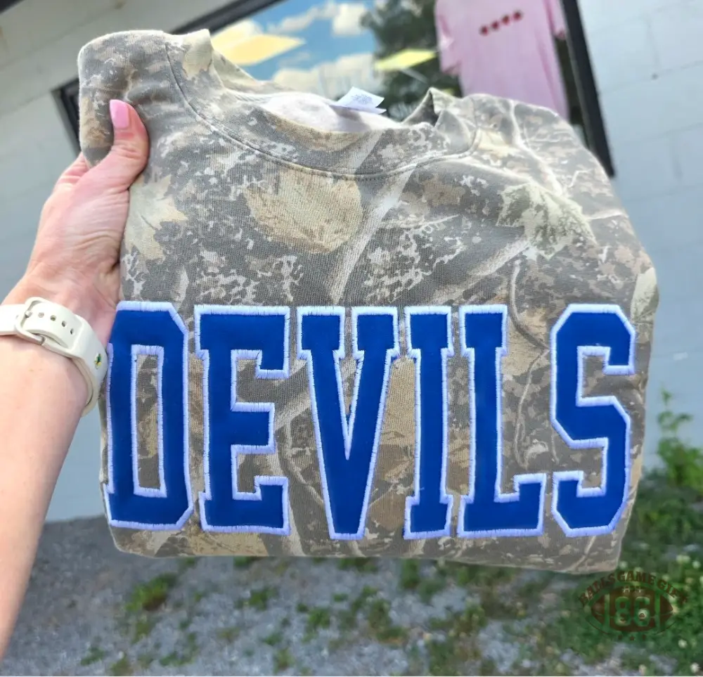 Custom School Spirit Devils Varsity Camo Crewneck