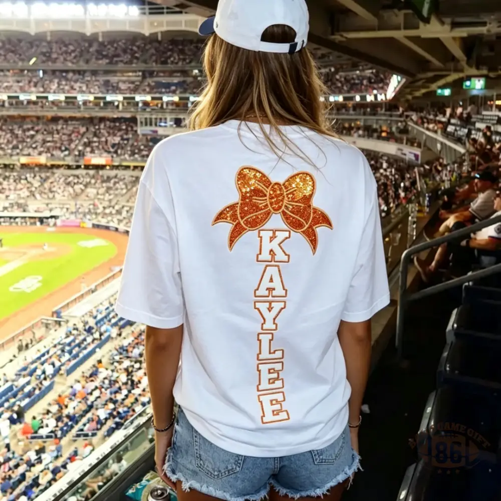 Custom Sequin Cheer Bow T-Shirt with Back Name Cheer Team Spirit Game Day Top