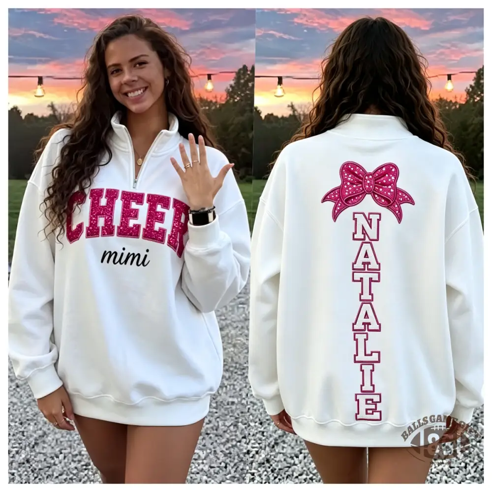 Custom Sequin Cheer Mom Quarter Zip Sweatshirt With Kids’ Names And Bow Pullover