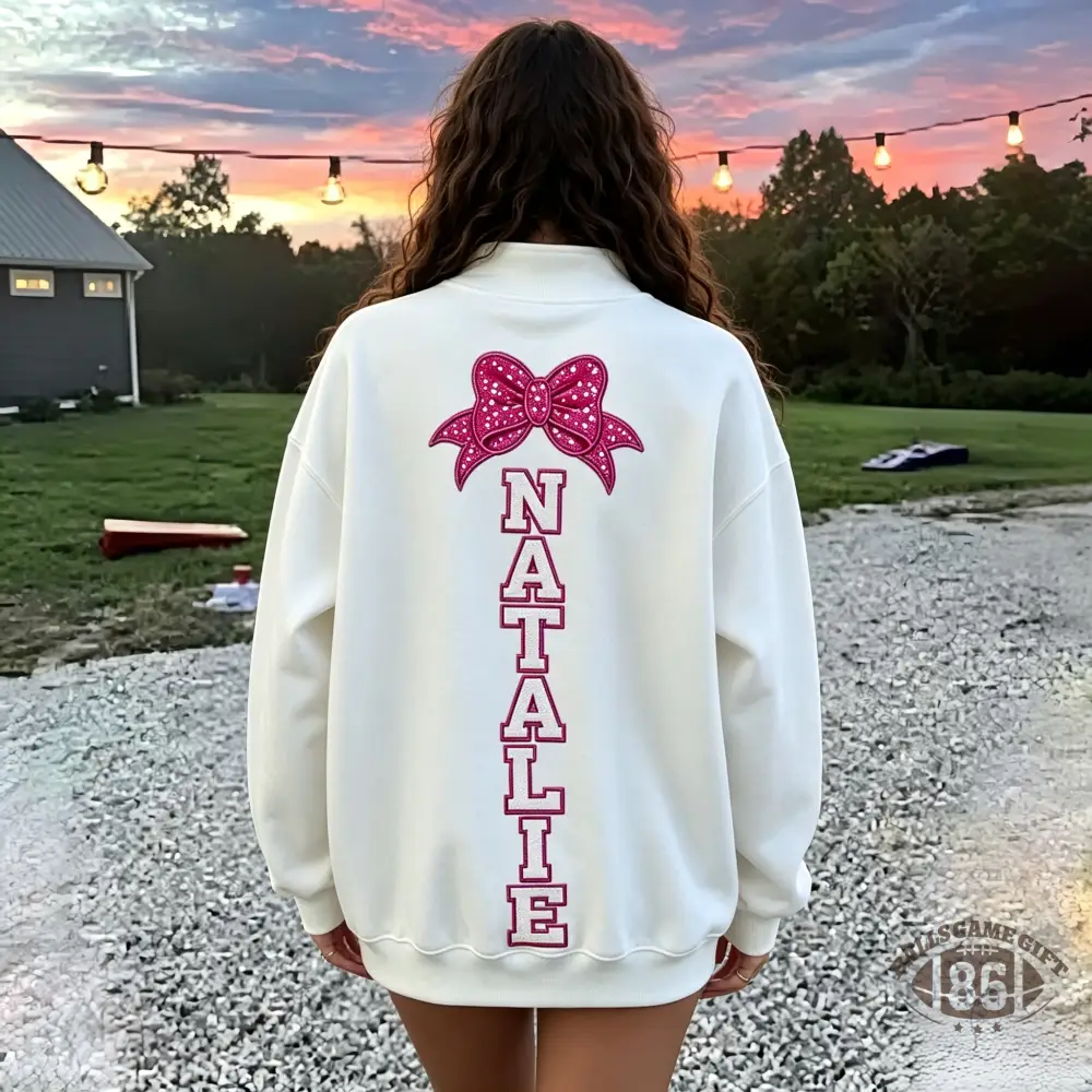 Custom Sequin Cheer Mom Quarter Zip Sweatshirt With Kids’ Names And Bow Pullover