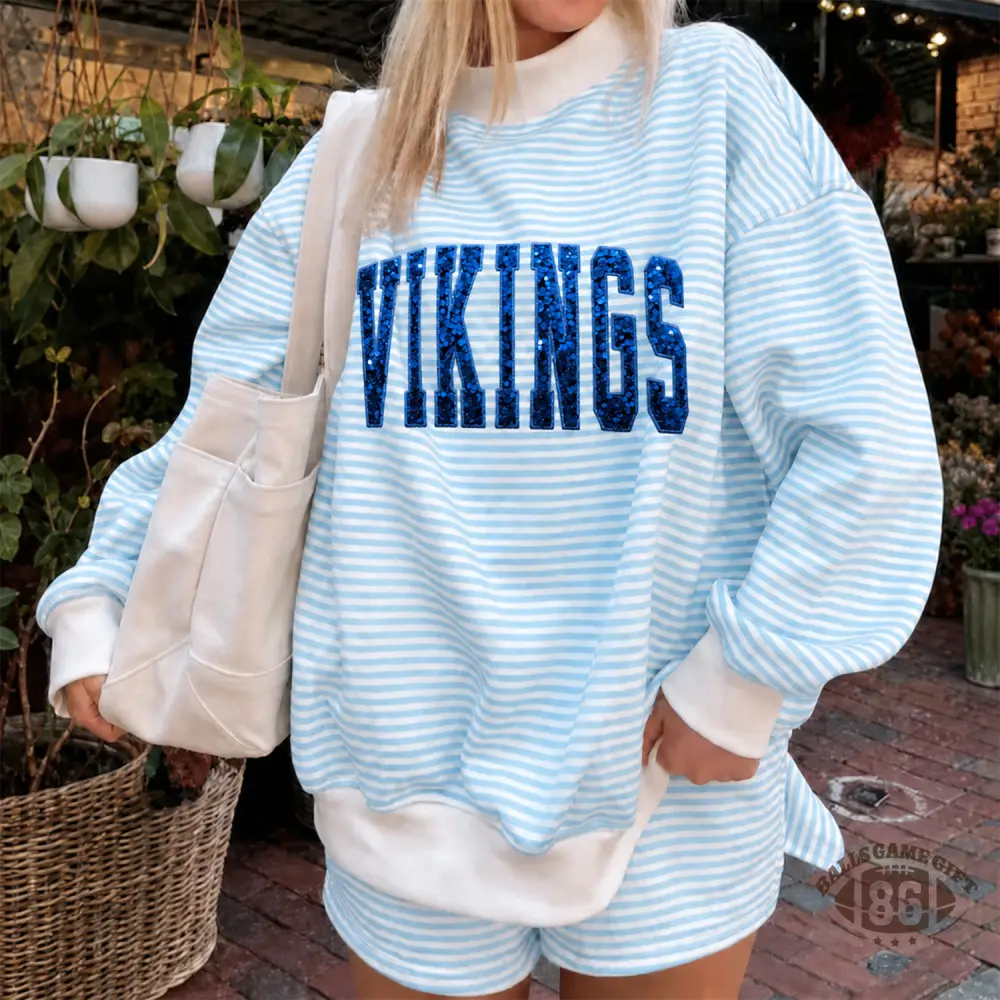 Custom Sequin Embroidered Team Letter Striped Matching Set, Crew Neck Sweatshirt & Shorts