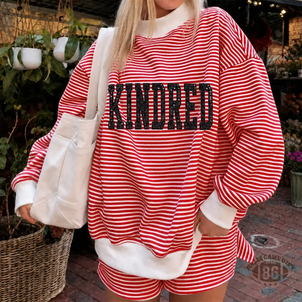 Custom Sequin Embroidered Team Letter Striped Matching Set, Crew Neck Sweatshirt & Shorts
