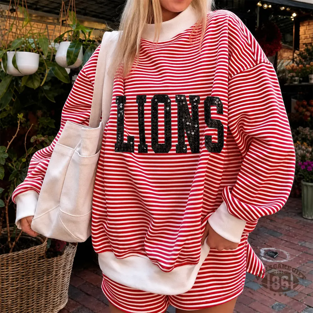 Custom Sequin Embroidered Team Letter Striped Matching Set, Crew Neck Sweatshirt & Shorts