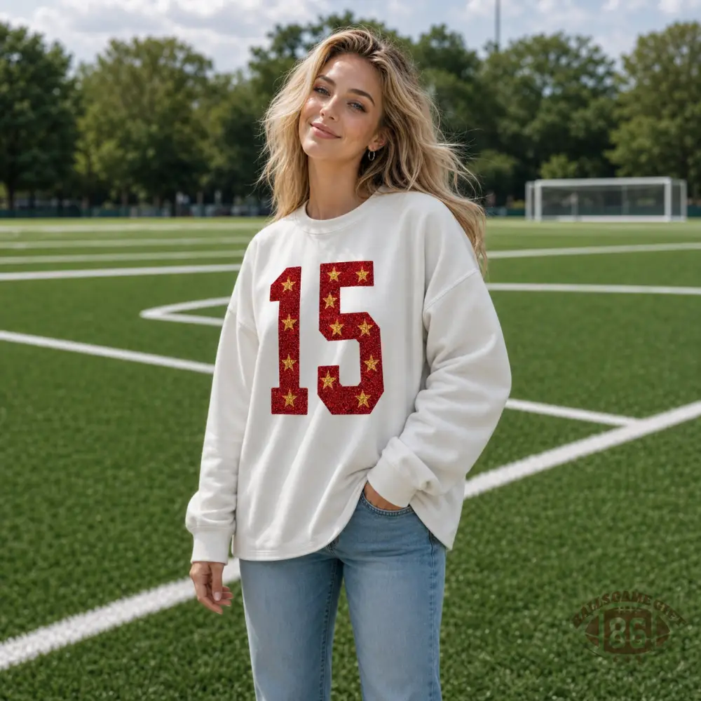 Custom Sparkle Star‑Detail Glitter Foil Number Graphic Sweatshirt For Game Day