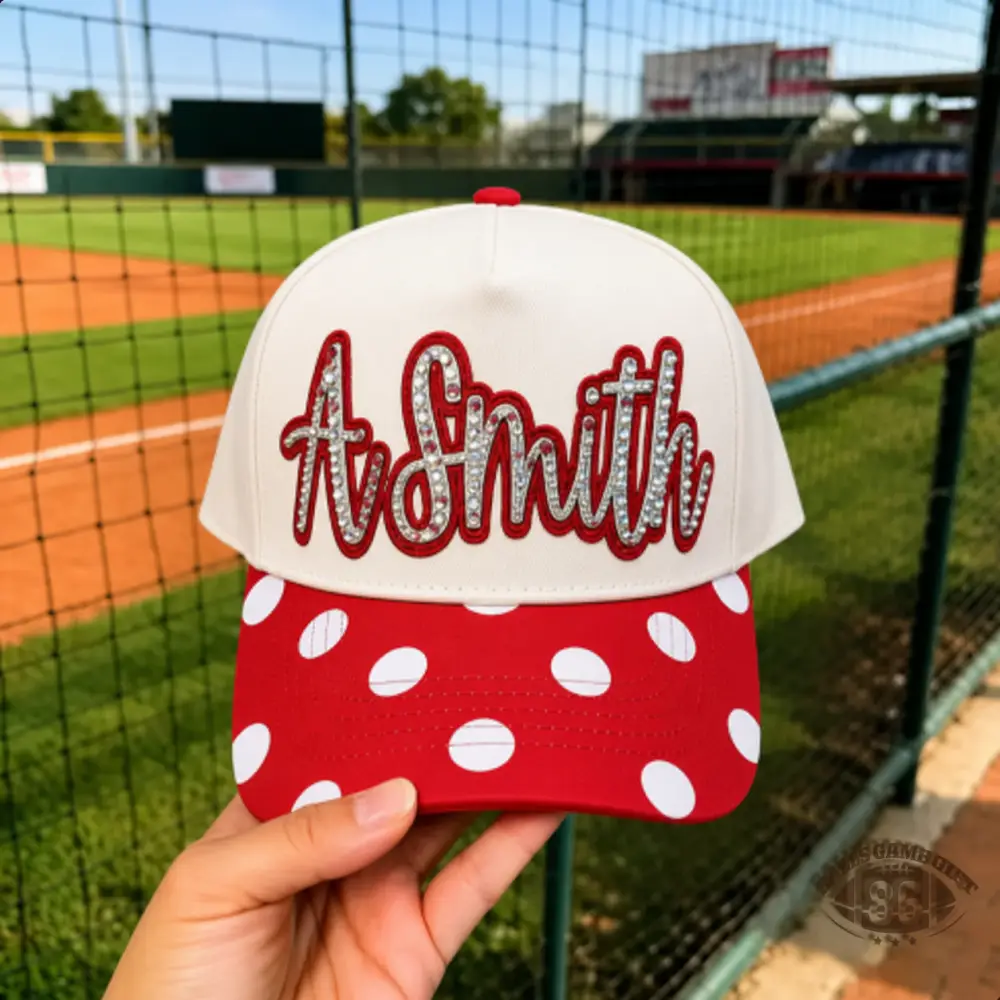 Custom Sparkly Rhinestones Baseball Hat, Polka Dot Brim Gameday Trucker Cap
