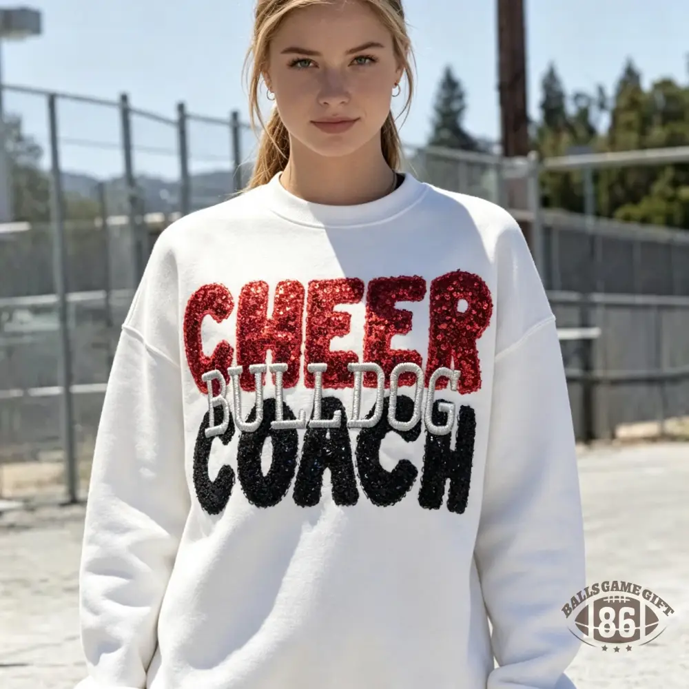 Custom Sparkly Sequin Embroidery Crewneck Sweatshirt | Cheer Bulldog Coach Game Day Oversized Pullover