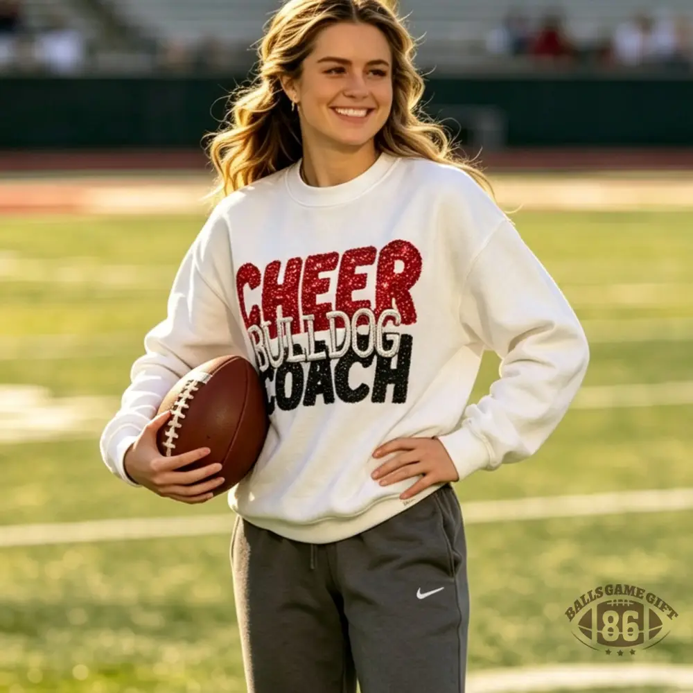 Custom Sparkly Sequin Embroidery Crewneck Sweatshirt | Cheer Bulldog Coach Game Day Oversized Pullover