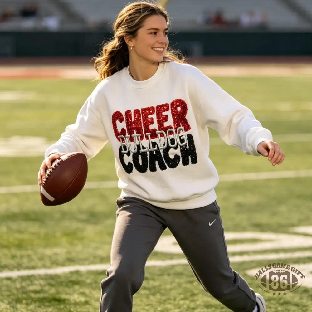Custom Sparkly Sequin Embroidery Crewneck Sweatshirt | Cheer Bulldog Coach Game Day Oversized Pullover