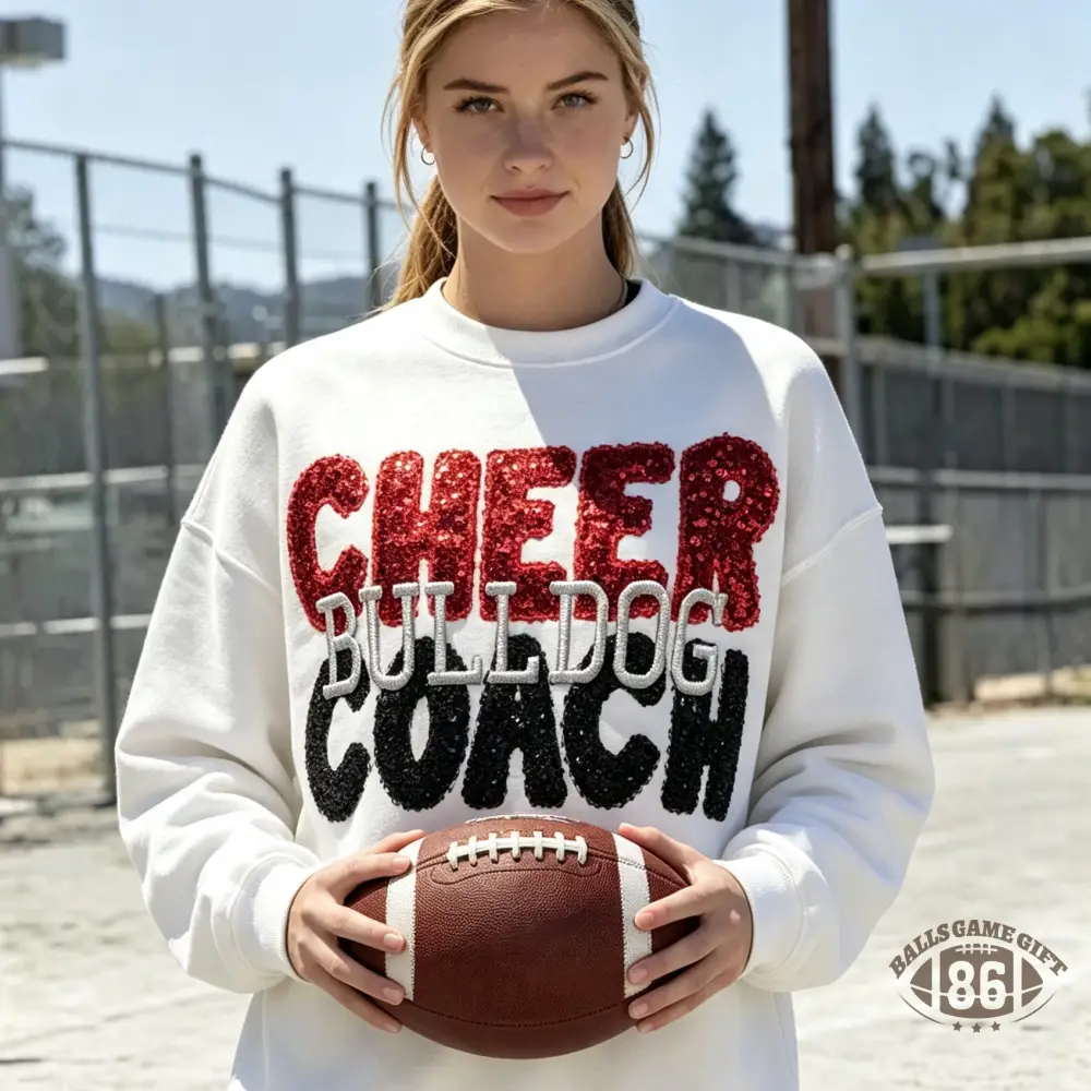 Custom Sparkly Sequin Embroidery Crewneck Sweatshirt | Cheer Bulldog Coach Game Day Oversized Pullover