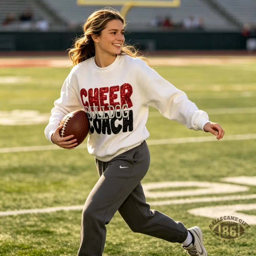 Custom Sparkly Sequin Embroidery Crewneck Sweatshirt | Cheer Bulldog Coach Game Day Oversized Pullover