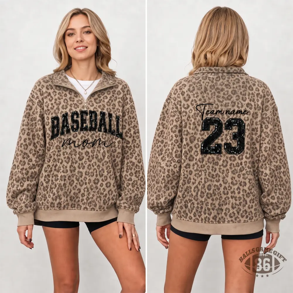 Custom Sport Mom Sweatshirt Personalized Name & Number Leopard Quarter Zip Crewneck