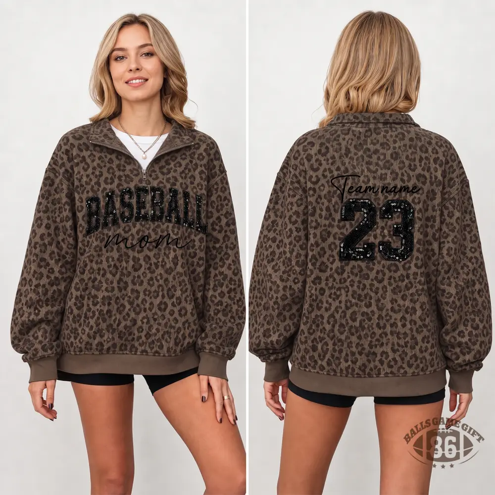 Custom Sport Mom Sweatshirt Personalized Name & Number Leopard Quarter Zip Crewneck