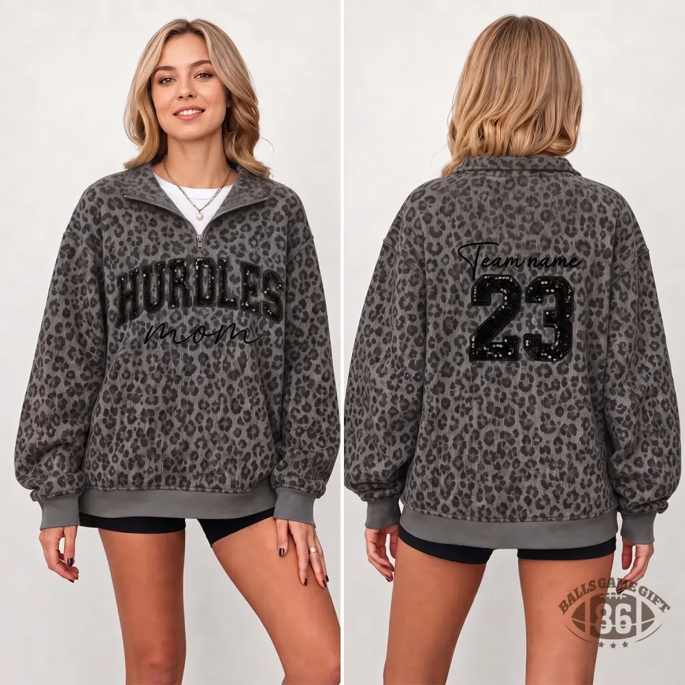 Custom Sport Mom Sweatshirt Personalized Name & Number Leopard Quarter Zip Crewneck