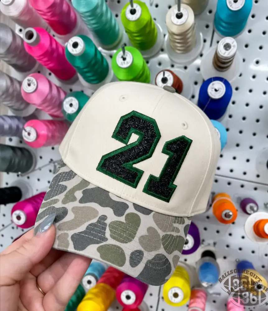 Custom Sports Glitter Embroidered Number Trucker Hat Cap with Camo Pattern Brim for Game Day