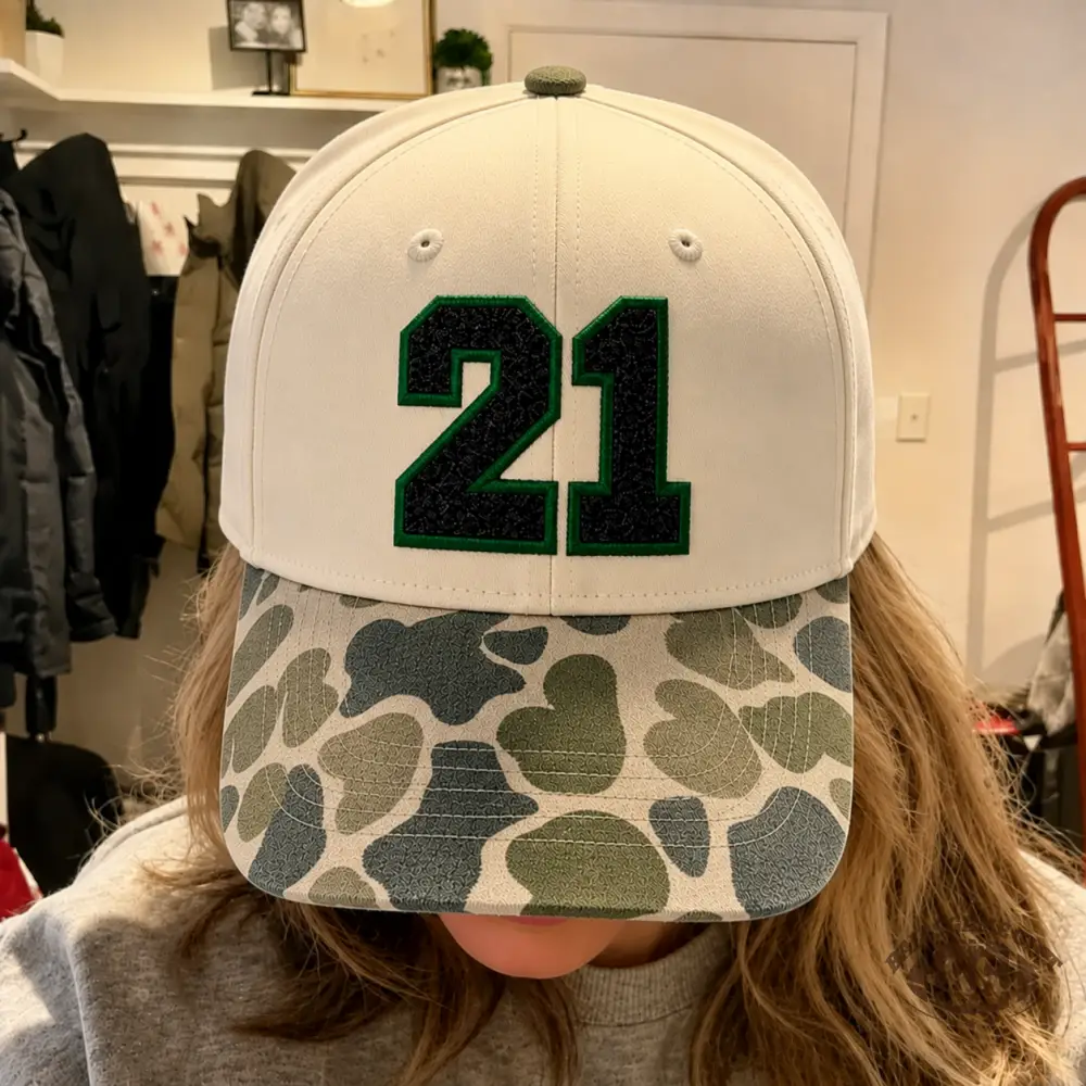 Custom Sports Glitter Embroidered Number Trucker Hat Cap with Camo Pattern Brim for Game Day