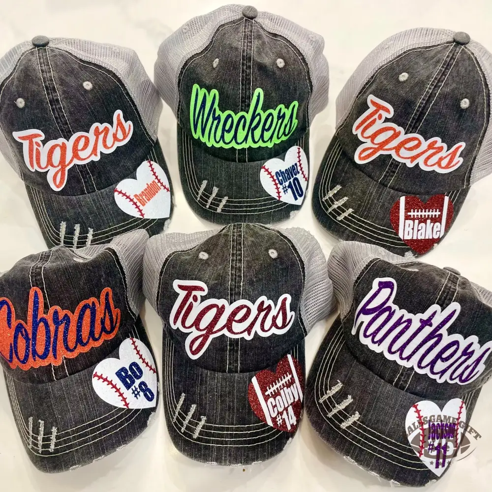 Custom Sports Mom Trucker Hat | Personalized Name & Number Distressed Mesh Back Cap | Game Day Team Spirit Hat