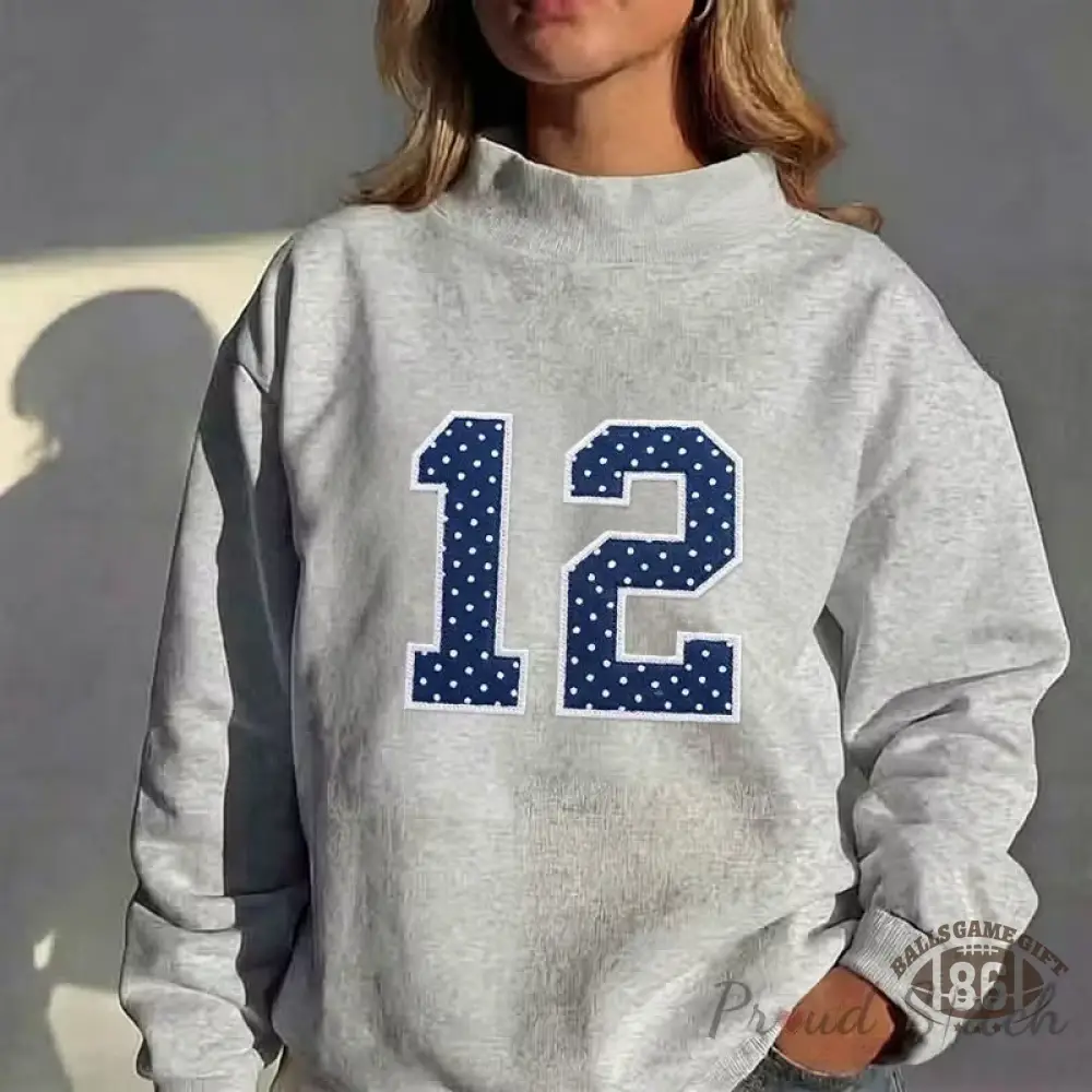 Custom Sports Number Applique Sweatshirt, Gingham Patchwork Stand‑Up Collar Jersey Pullover
