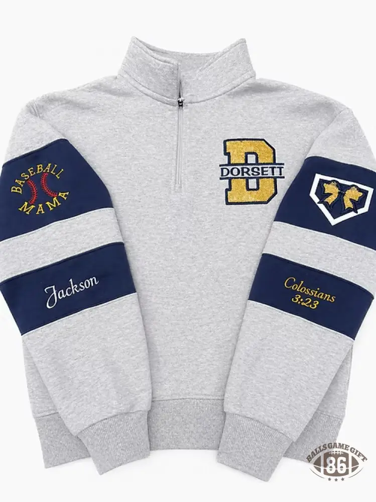 Custom Team Letter Varsity Quarter Zip Sweatshirt with Sport Sleeve Patches
