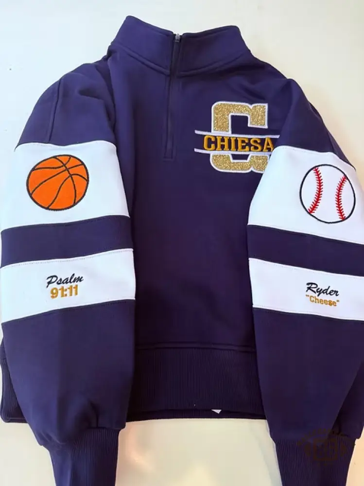 Custom Team Letter Varsity Quarter Zip Sweatshirt with Sport Sleeve Patches