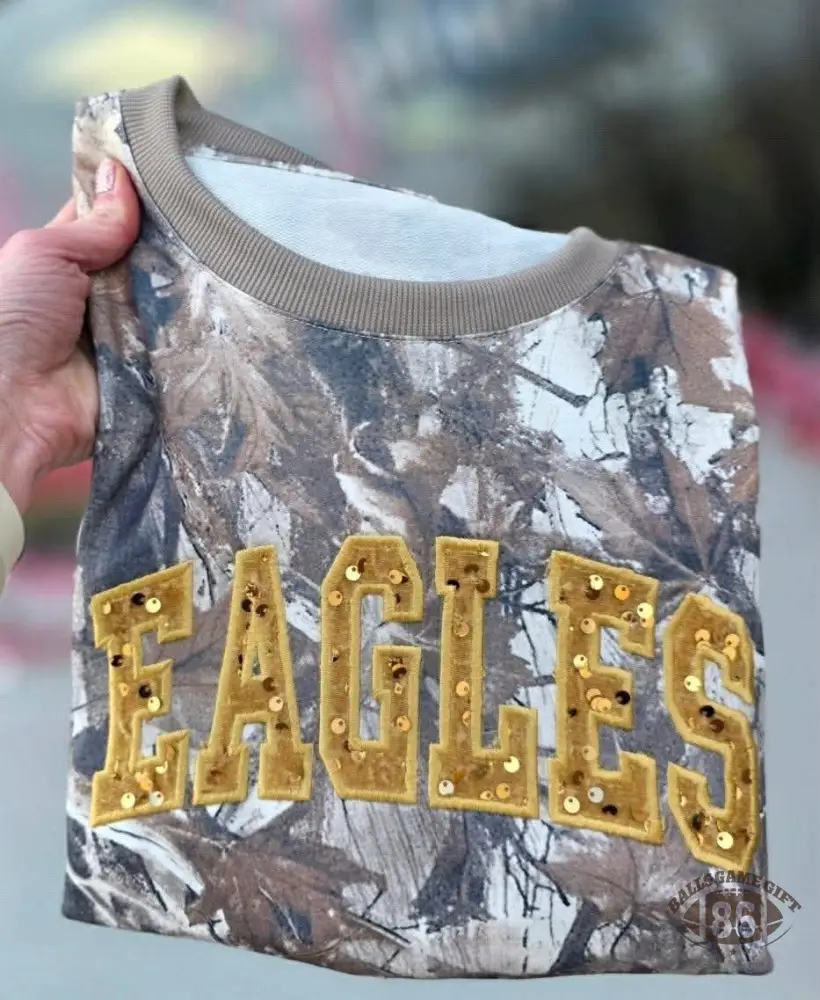 Custom Team Name American Varsity Camo Sequin Spirit Sweatshirt Tees
