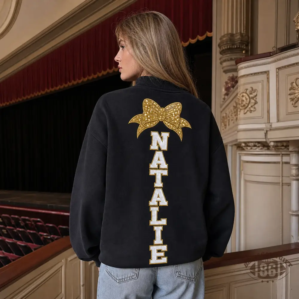 Custom Theater Quarter Zip Sweatshirt, Personalized Bow & Vertical Name Theater Pullover, Gift For Theater Drama Students