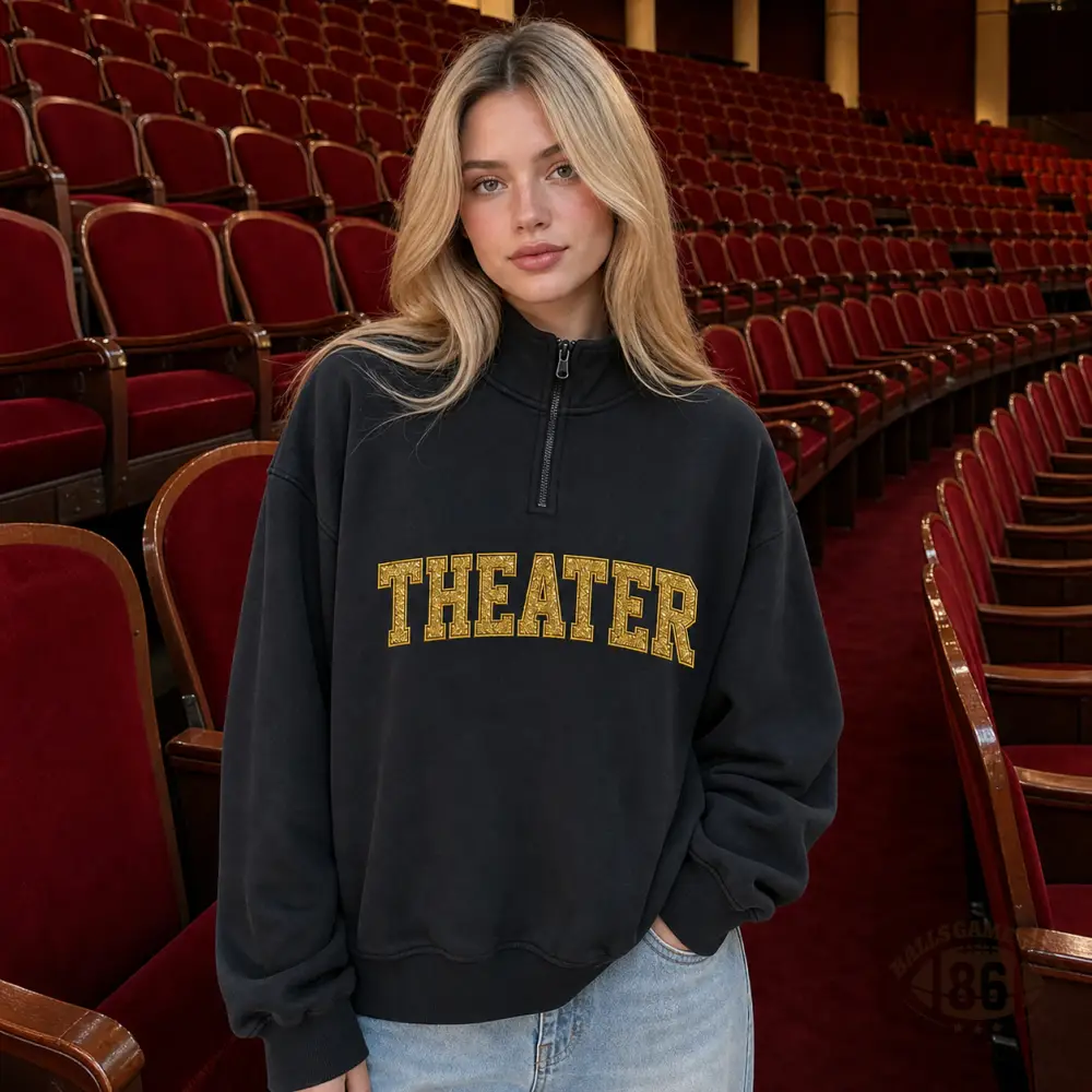 Custom Theater Quarter Zip Sweatshirt, Personalized Bow & Vertical Name Theater Pullover, Gift For Theater Drama Students