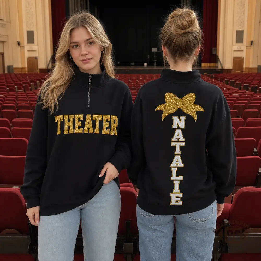 Custom Theater Quarter Zip Sweatshirt, Personalized Bow & Vertical Name Theater Pullover, Gift For Theater Drama Students