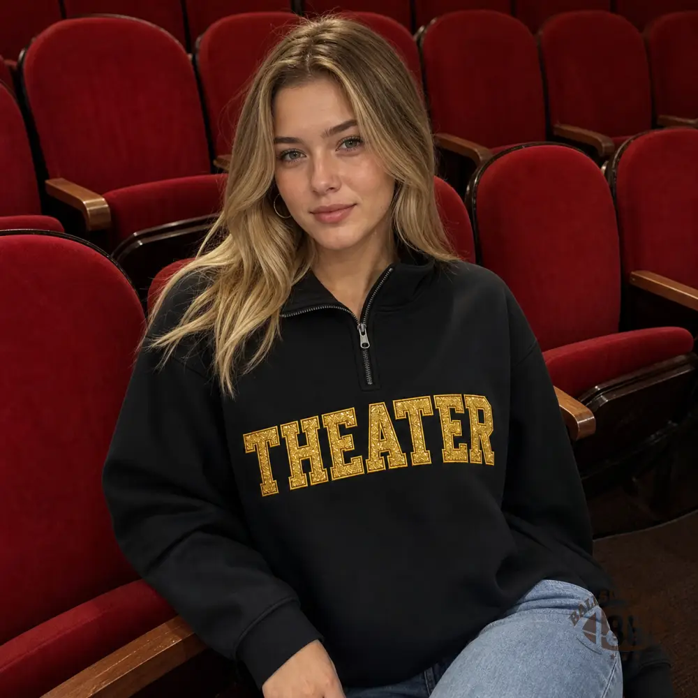 Custom Theater Quarter Zip Sweatshirt, Personalized Bow & Vertical Name Theater Pullover, Gift For Theater Drama Students