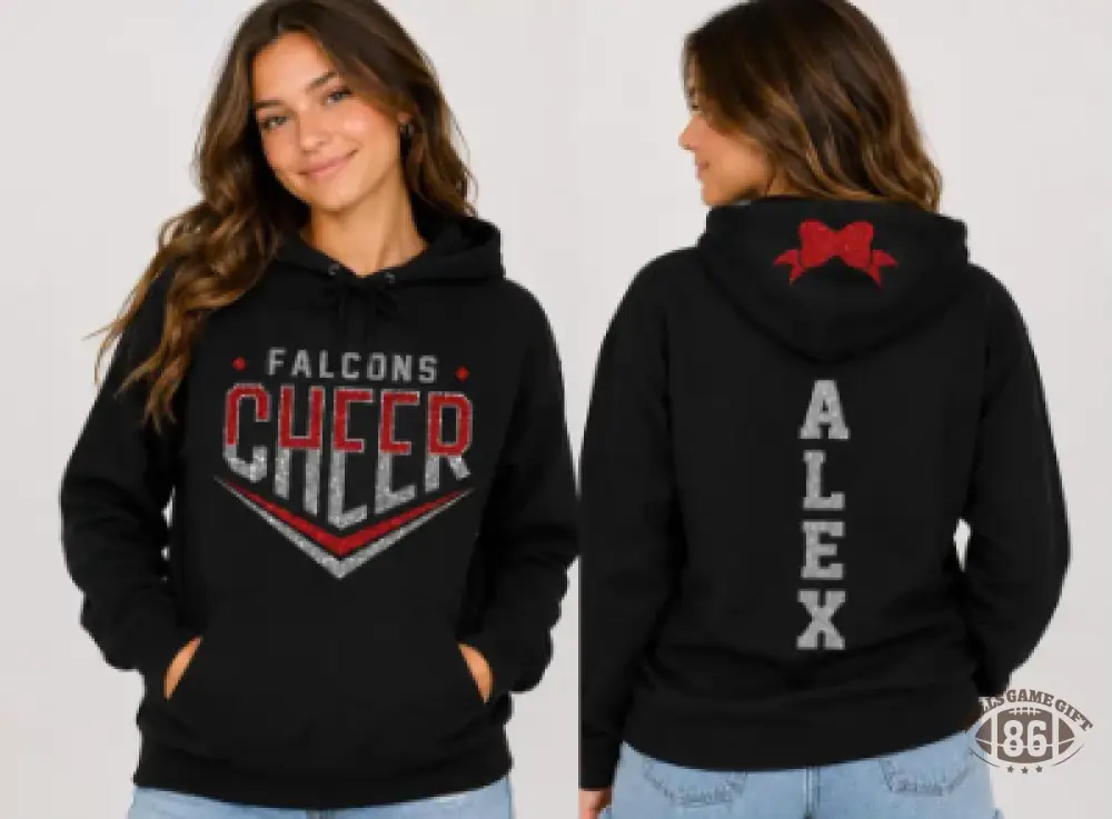 Custom Two-Sided Falcons Cheer Sweatshirt | Personalized Name Bow Back Game Day Cheer Top