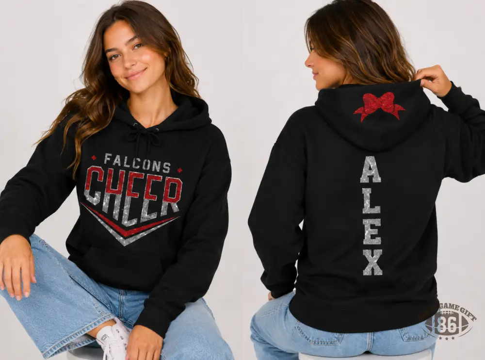 Custom Two-Sided Falcons Cheer Sweatshirt | Personalized Name Bow Back Game Day Cheer Top