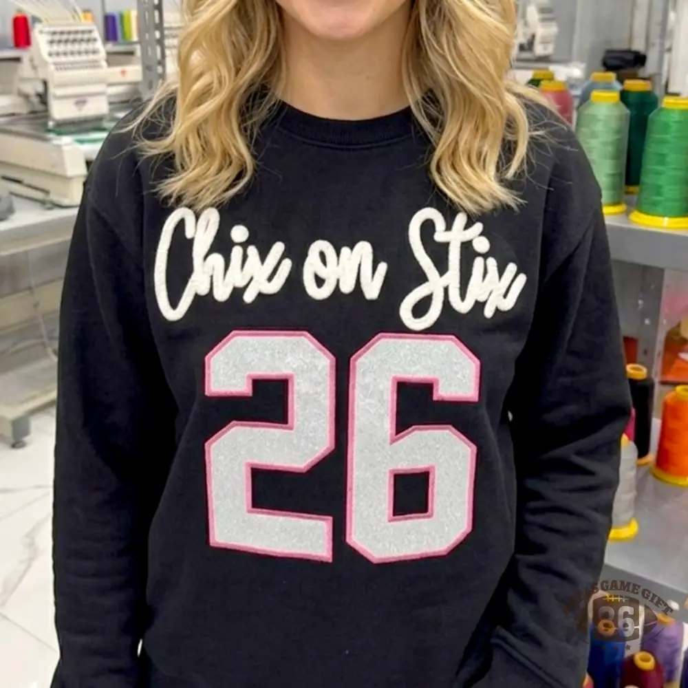 Custom Varsity Number Crewneck Sweatshirt, Personalized Chix on Stix Women’s Team Long Sleeve Shirt
