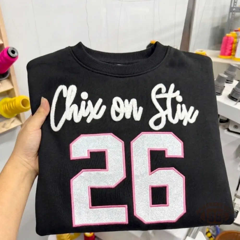 Custom Varsity Number Crewneck Sweatshirt, Personalized Chix on Stix Women’s Team Long Sleeve Shirt