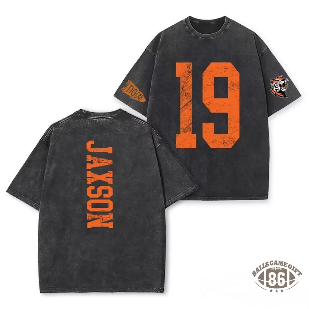 Custom Varsity Washed T‑Shirt, Personalized Name & Number Back Print Game Day Tee