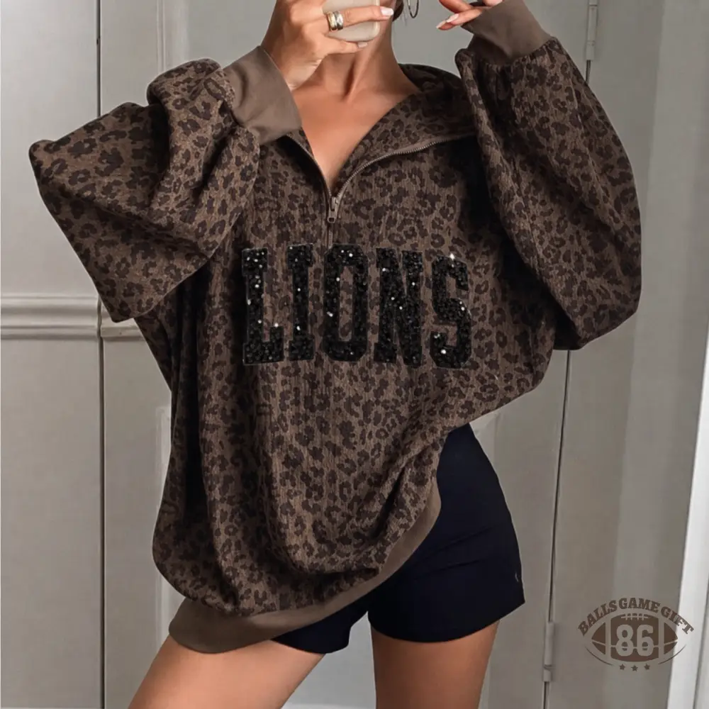 Custom Vintage Leopard Half Zip Sequin Team Women Oversized Sweatshirt 