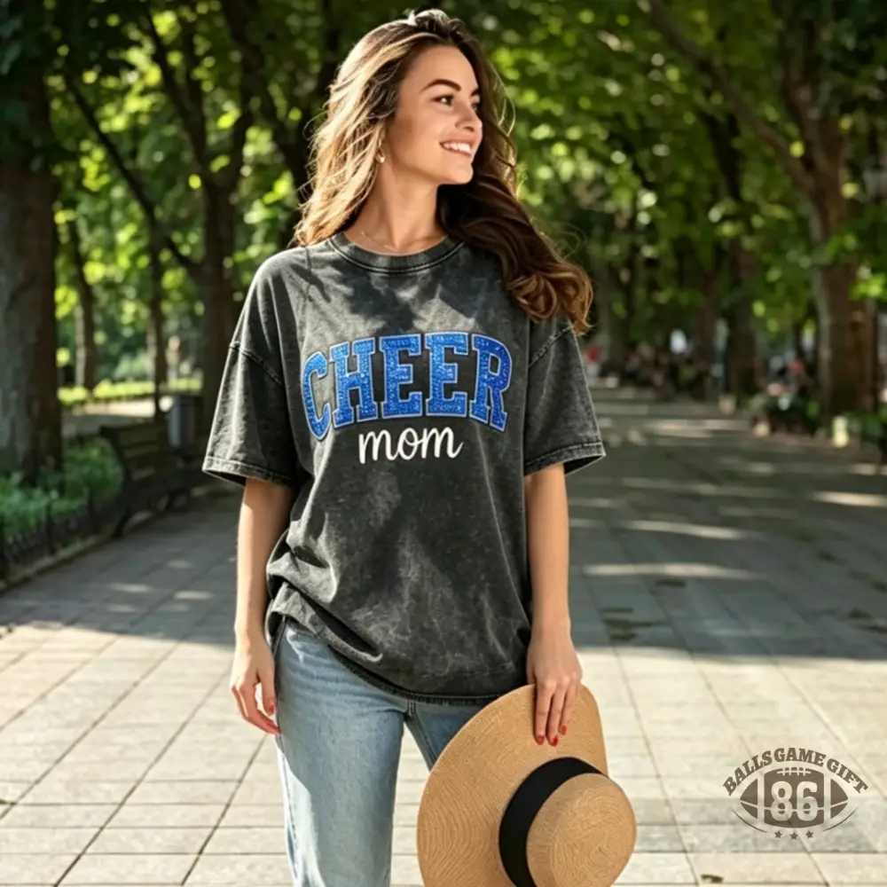 Custom Vintage Washed Cheer Mom T Shirt Name Blue Glitter Bow Oversized Tee Gift 