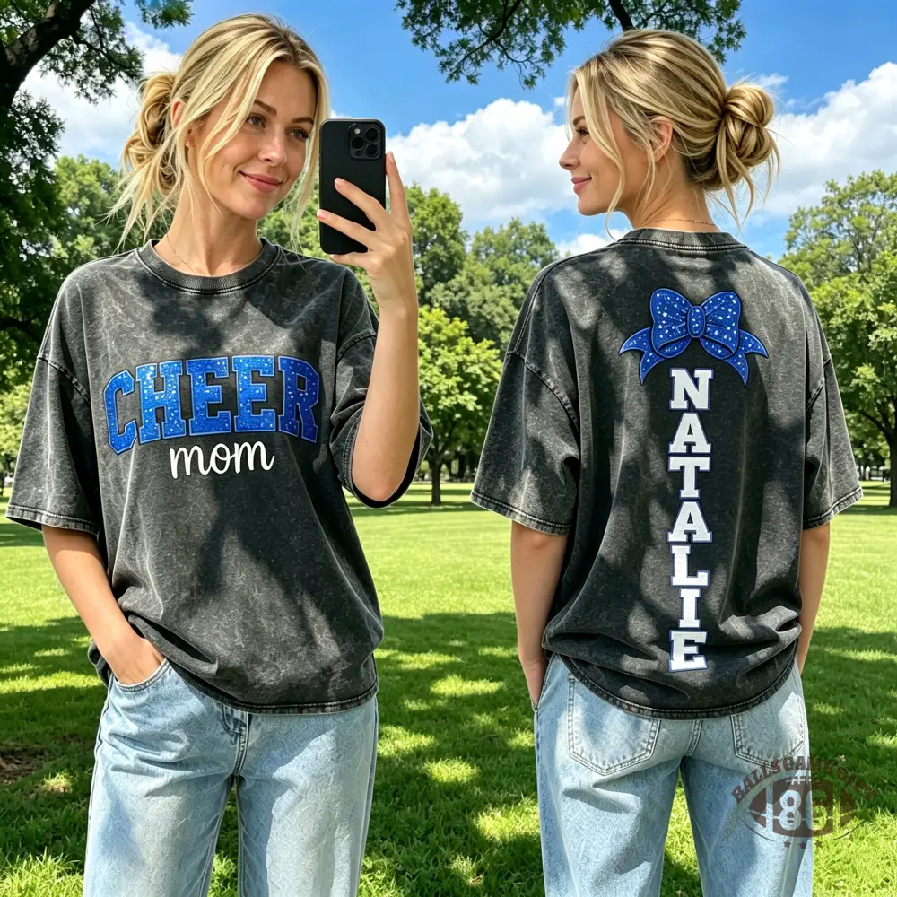 Custom Vintage Washed Cheer Mom T Shirt Name Blue Glitter Bow Oversized Tee Gift 