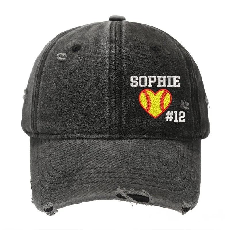 Softball Heart with Name & Number Distressed Baseball Cap Softball Mom Gift