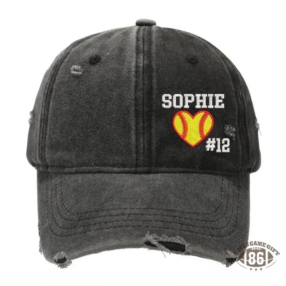 Softball Heart with Name & Number Distressed Baseball Cap Softball Mom Gift