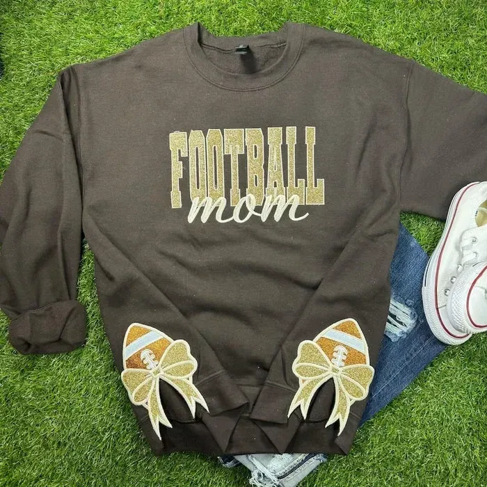 Football Bow Sport Mom Glitter Embroidery T-Shirt , Sweatshirt
