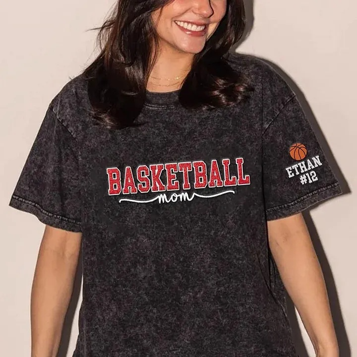 Basketball Mom Side Bow Washed T-shirt with Glitter Embroidered Coquette shirt