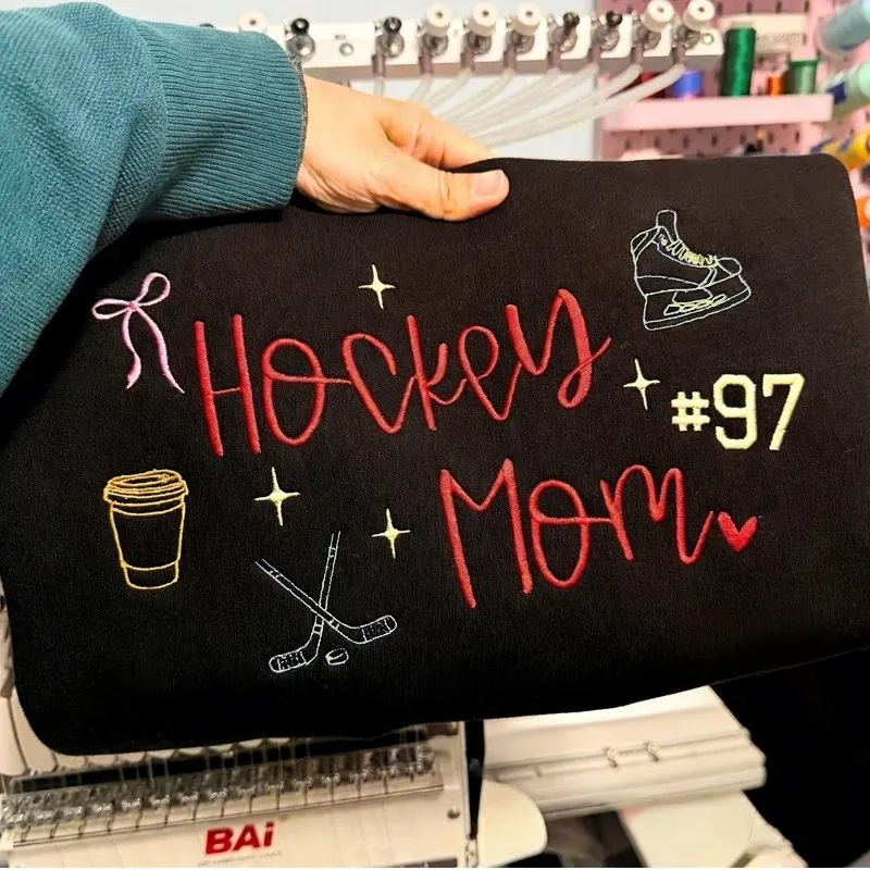 Custom Embroidered Hockey Mom Sweatshirt/Hoodie/T-Shirt Custom Number & Team Color