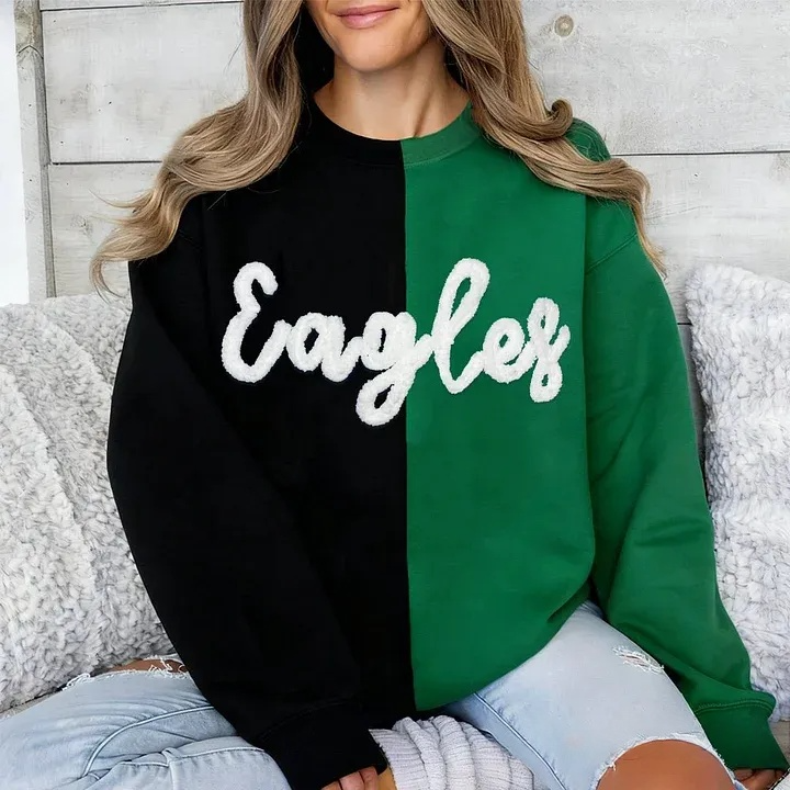 Personalized Chenille Yarn Embroidered Two Tone Sweatshirt School Mascot Split Sweatshirt