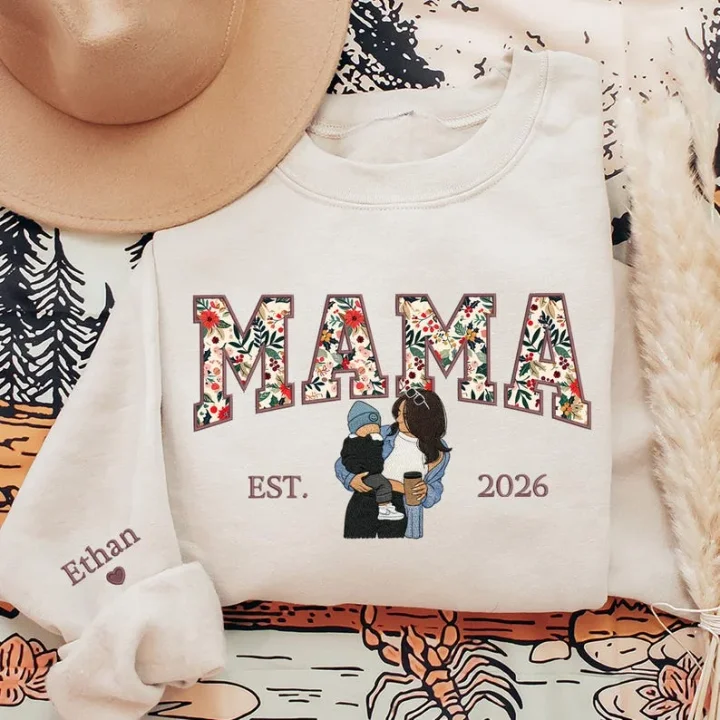 Mama Sweatshirt Floral Embroidered Portrait Custom Sleeve Name Mothers Day Gift for Mom