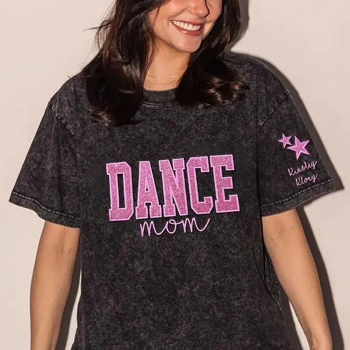 Personalized Embroidered Dance Mom Washed T-Shirt with Kids Name on Sleeve