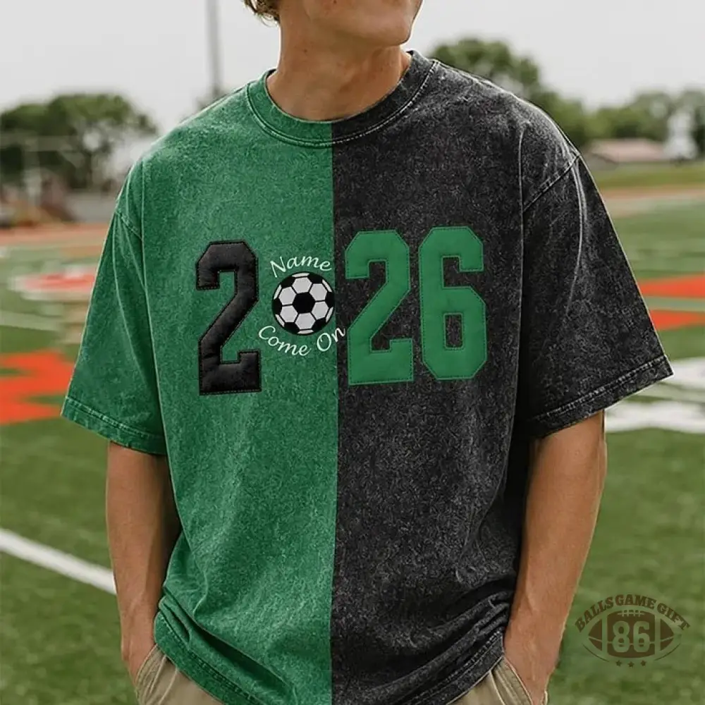 Custom Fabric Applique 2026 Soccer Embroidered Two Tone Vintage Washed T-Shirt for Cheer & Game Day ⚽✨