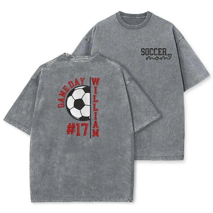 Embroidery Soccer Season Soccer Mom with Kids Name and Number Washed T-shirt Gifts for Sports Mom Dad
