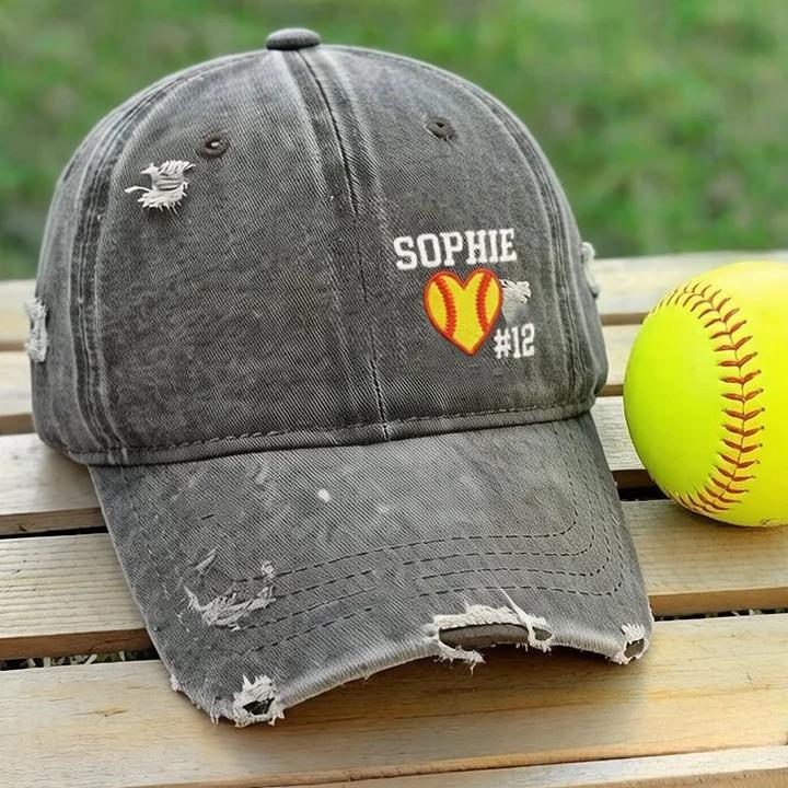 Softball Heart with Name & Number Distressed Baseball Cap Softball Mom Gift