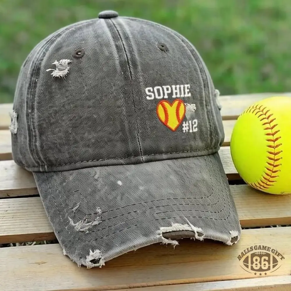 Softball Heart with Name & Number Distressed Baseball Cap Softball Mom Gift