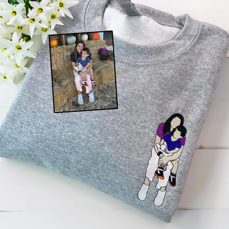 Custom Mama & Mom Portrait Embroidered Sweatshirt, Personalized Family Photo Crewneck, Mother's Day Gift
